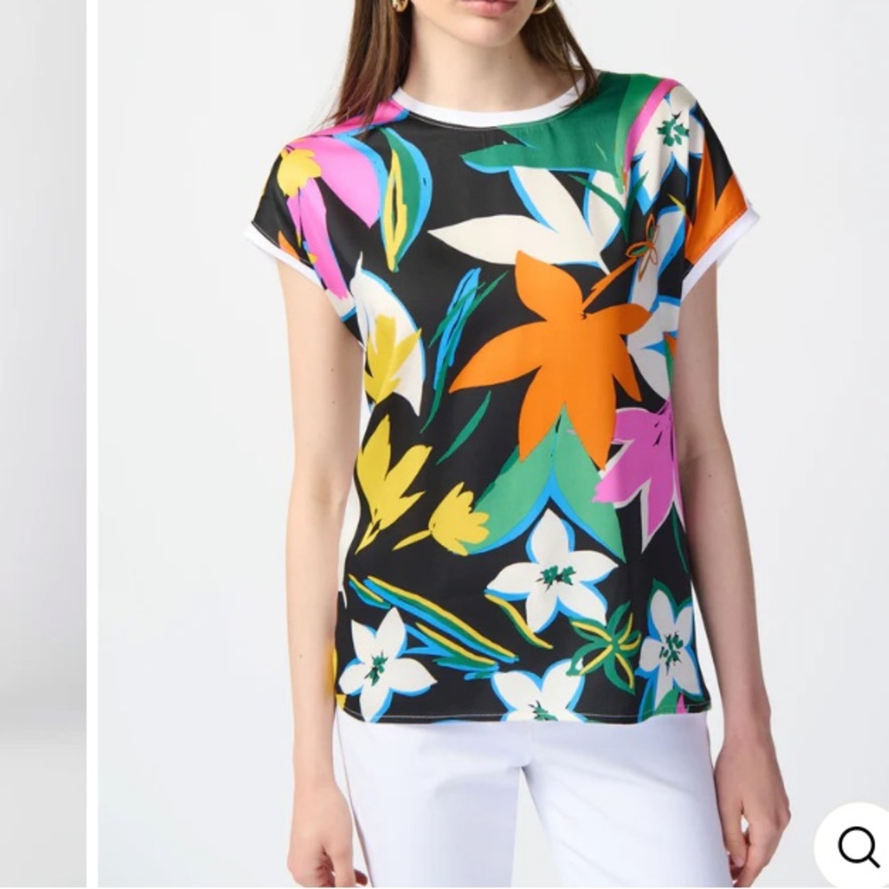 Joseph Ribkoff floural print satin short sleeve top vanilla multi colour NWTs